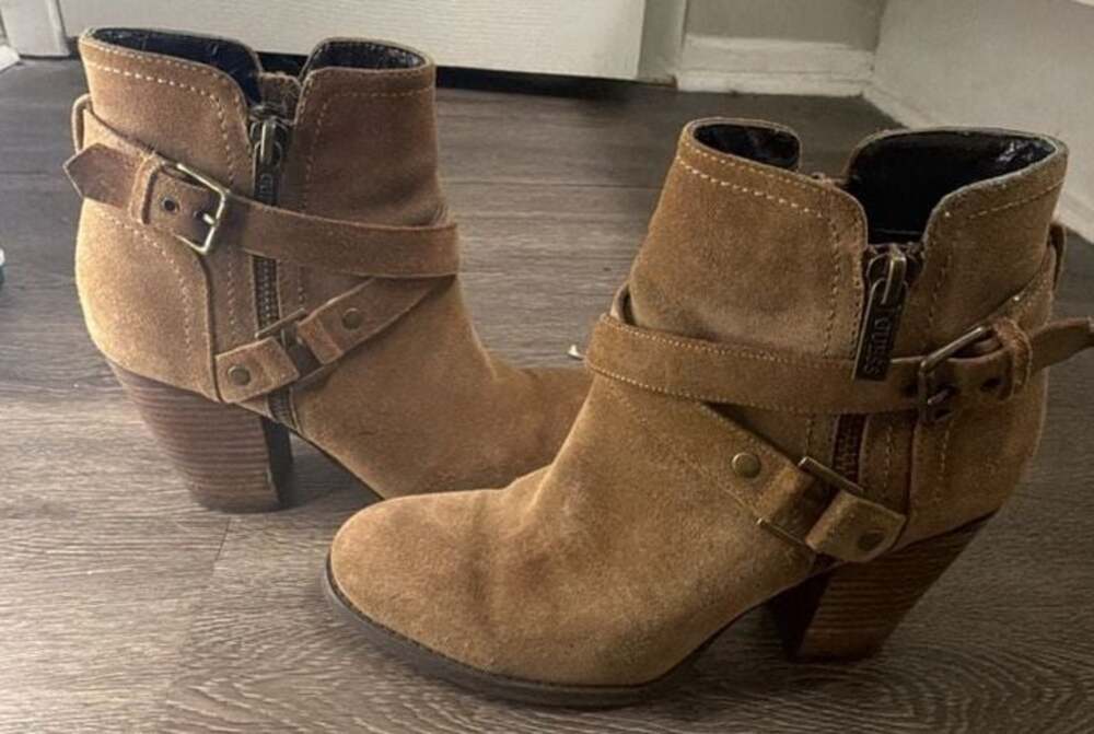 GUESS WGRULAA Brown Suede Harness Buckle Ankle Boots Women’s 8.5M